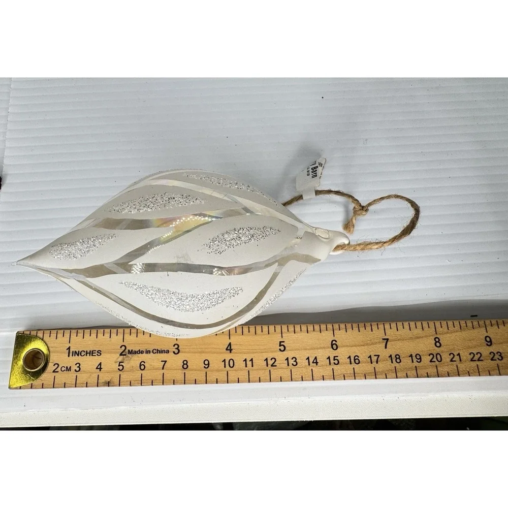 Pottery Barn NWT Set of 2 White Silver Glitter Glass Teardrop Hanging Ornaments